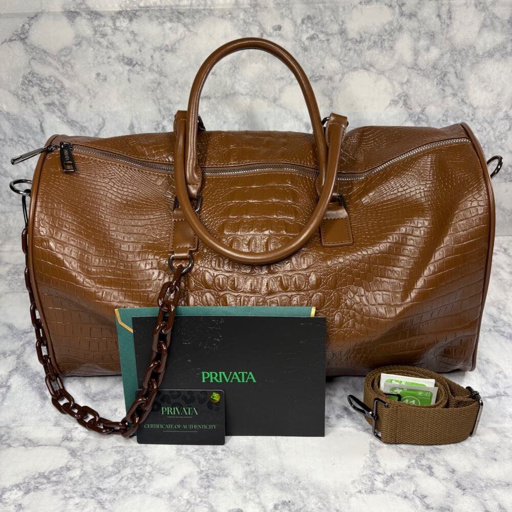 PRIVATA Brown Faux Croc-Embossed Large Duffle Bag Zip Chain 2-Way Strap Eco Care
